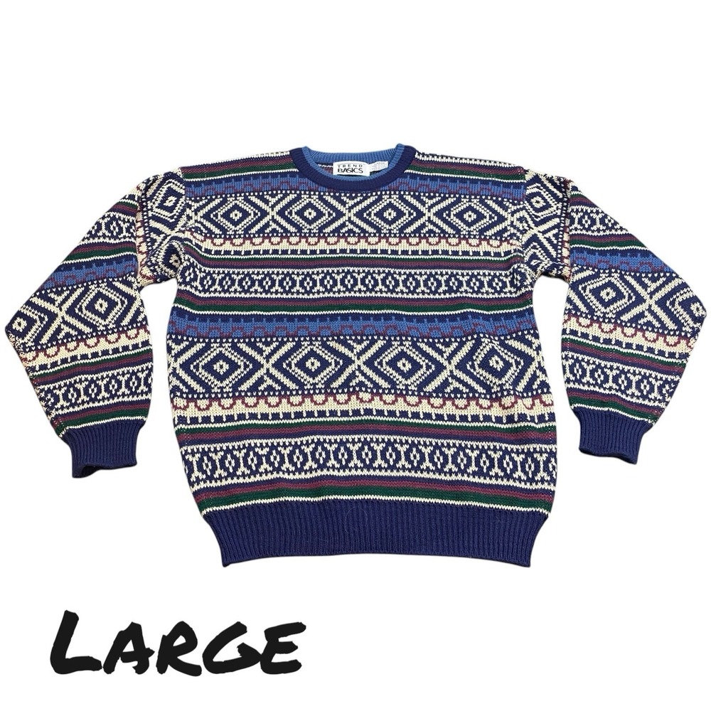 Vintage 90s Sweater‎ Mens LARGE Grandpa Trend Basics Retro Trendy Geometric Cozy